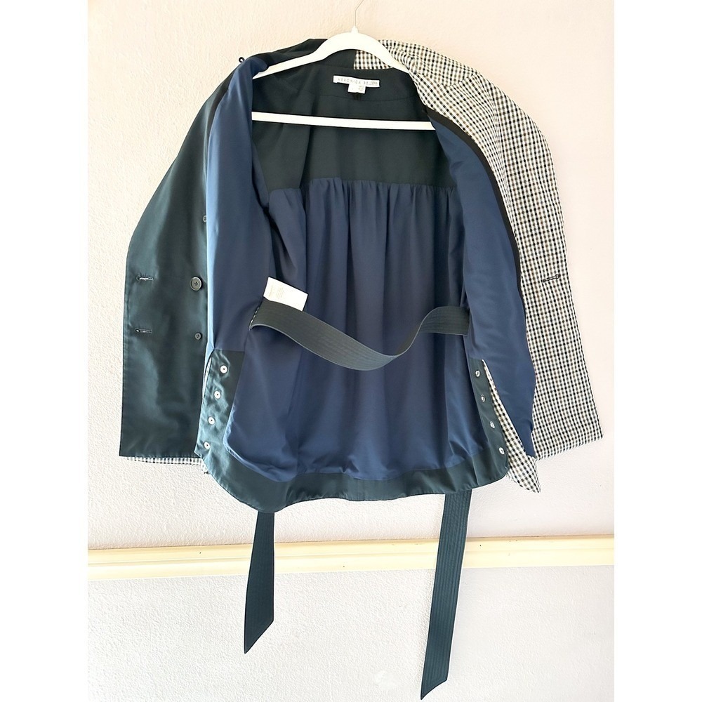 Veronica Beard Plaid Mixed Media Belted Jacket Navy Large Double Breasted - Picture 4 of 11